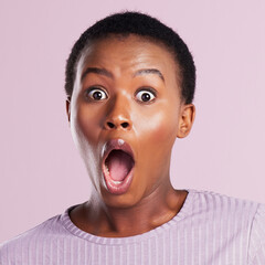 Portrait, surprise or black woman with shock, wow or scared expression for gossip news or studio...