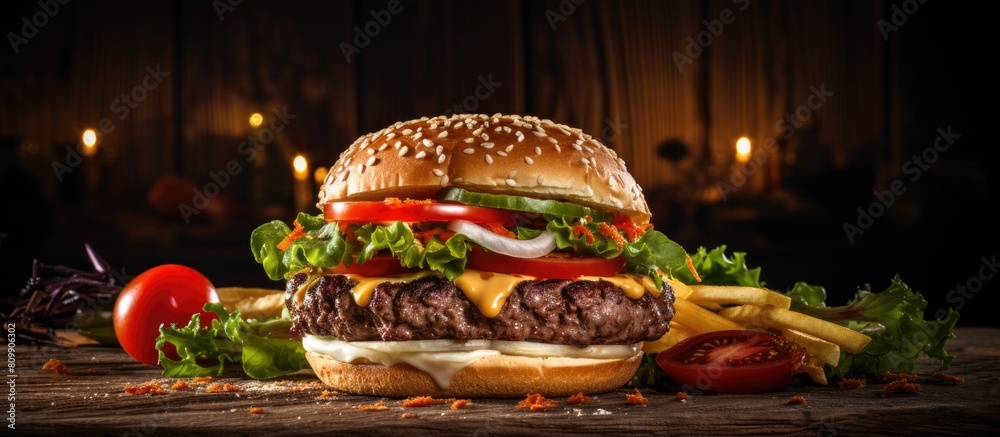 Poster A delicious grilled beef hamburger with fresh vegetables is displayed on a rustic wooden table illuminated by soft lighting Perfect for a copy space image