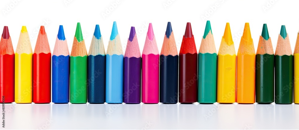 Aufkleber A vibrant array of wax crayons arranged on a white background seen from a captivating perspective with ample space for copying Each crayon is labeled with its respective color name