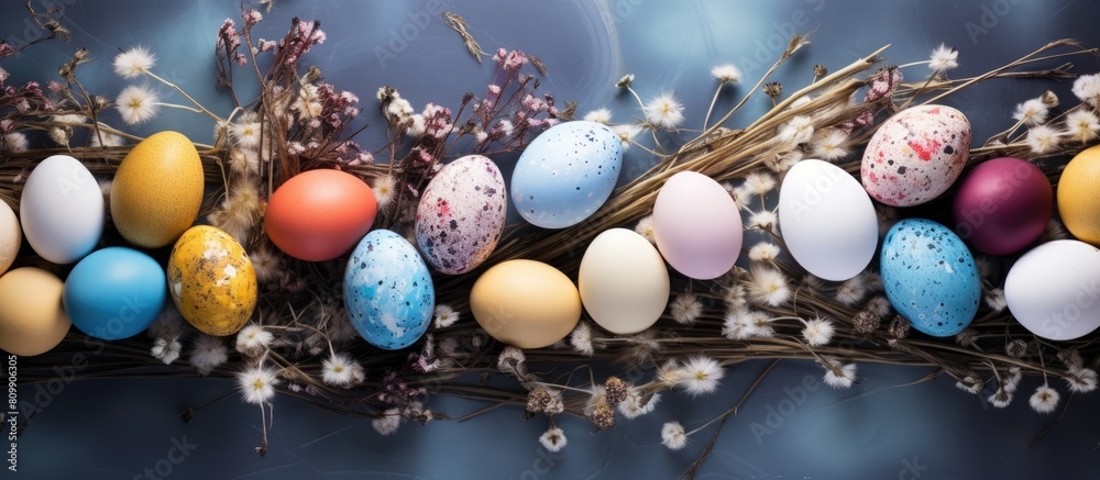 Poster colorful easter eggs arranged on a table with gypsophila flowers creating a vibrant composition the 