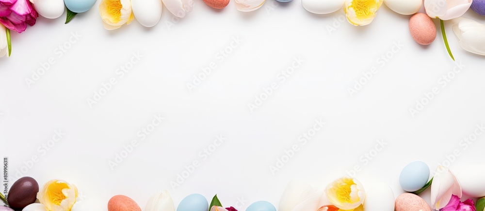 Poster a beautiful easter themed frame consisting of colorful easter eggs and white roses on a white backgr