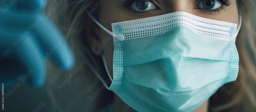 Sticker a girl paramedic wearing medical gloves is applying a protective medical mask to her face in a copy 