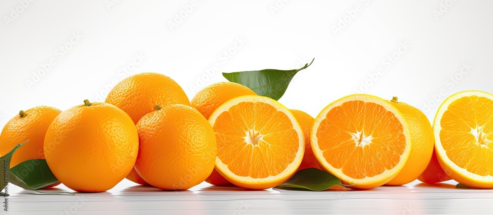 Poster A citrusy delight freshly cut oranges placed on a pristine white backdrop ready for center stage Ample empty space is available for creative use