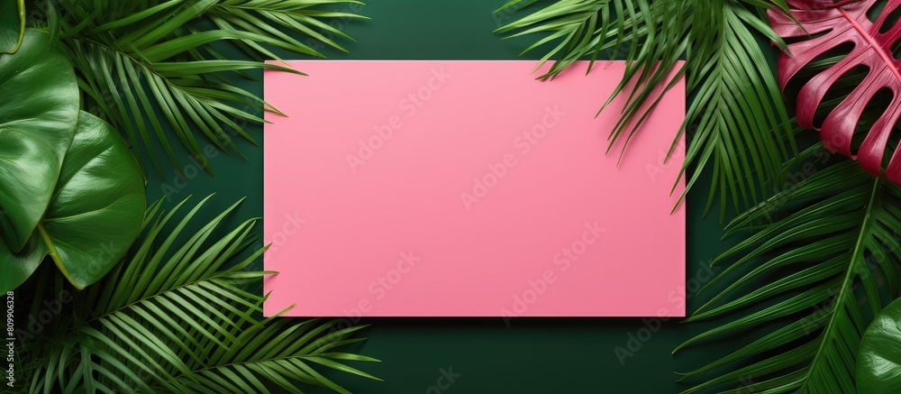 Aufkleber Flat lay with a tropical backdrop of green palm leaves and a pink greeting card offering copy space for text