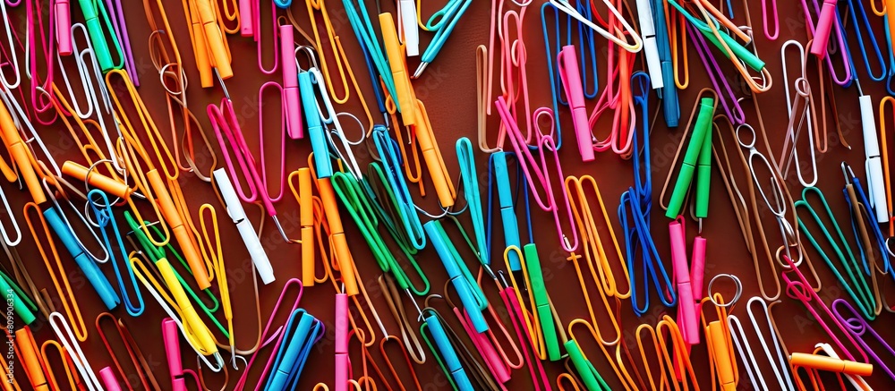 Poster top view of a colorful collection of stationery striped paper clips arranged in a flat lay creating 