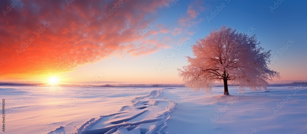 Poster A mesmerizing winter sunset creating a breathtaking scene over a snow covered field is captured in the copy space image
