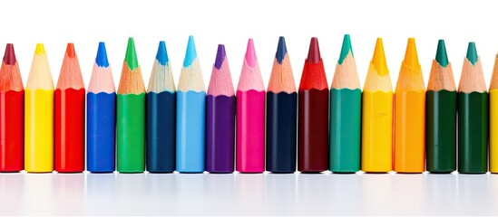 Fototapeta premium A vibrant array of wax crayons arranged on a white background seen from a captivating perspective with ample space for copying Each crayon is labeled with its respective color name