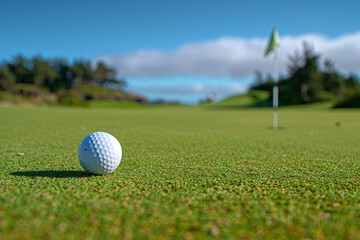Obraz premium Golf ball on the green, flag in the distance, a test of skill and patience in getting just the right angle 