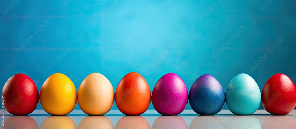 Poster A vibrant and vivid composition of Easter eggs arranged in a flat layout with ample copy space for text