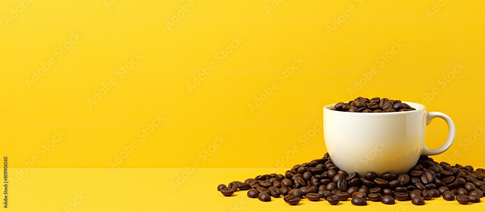 Poster a cup of coffee beans placed on a white surface with a yellow background that offers room for the im