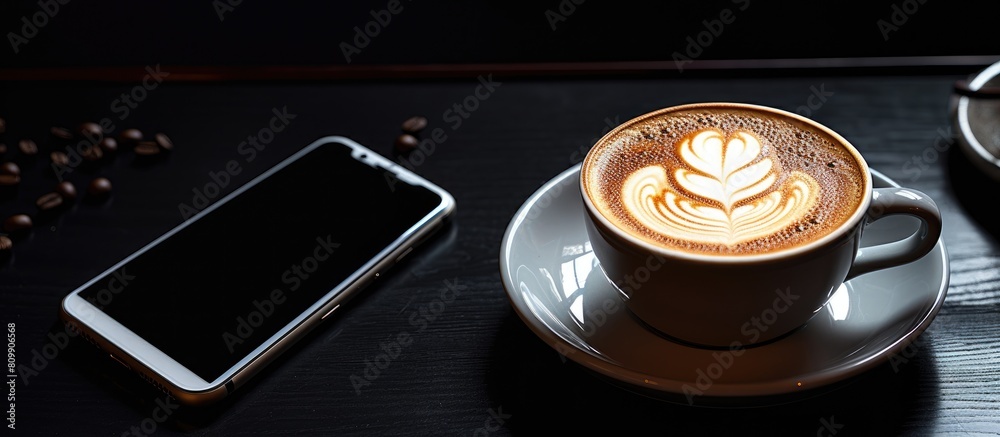 Poster a smartphone can be seen on a black table background next to a cup of espresso coffee the coffee has