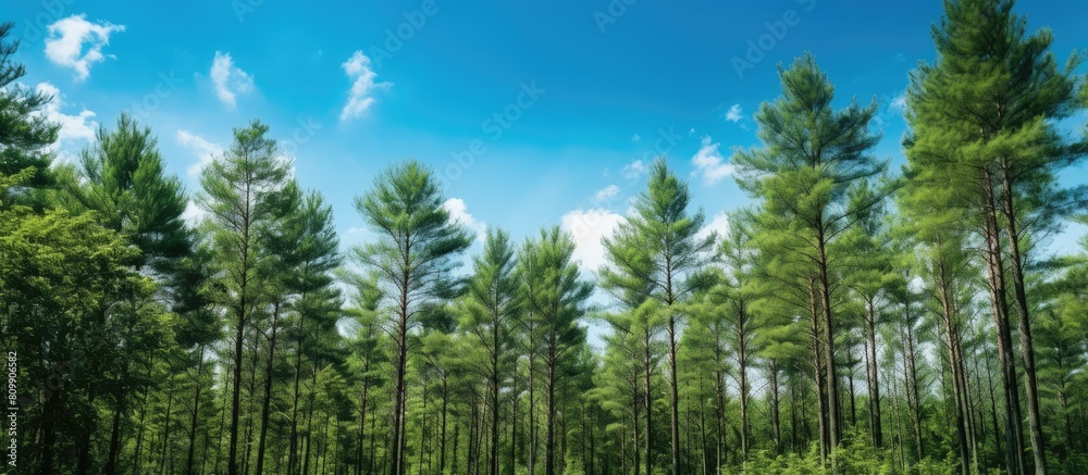 Poster a picturesque scene of tall trees with a clear blue sky adorned by fluffy white clouds offering ampl