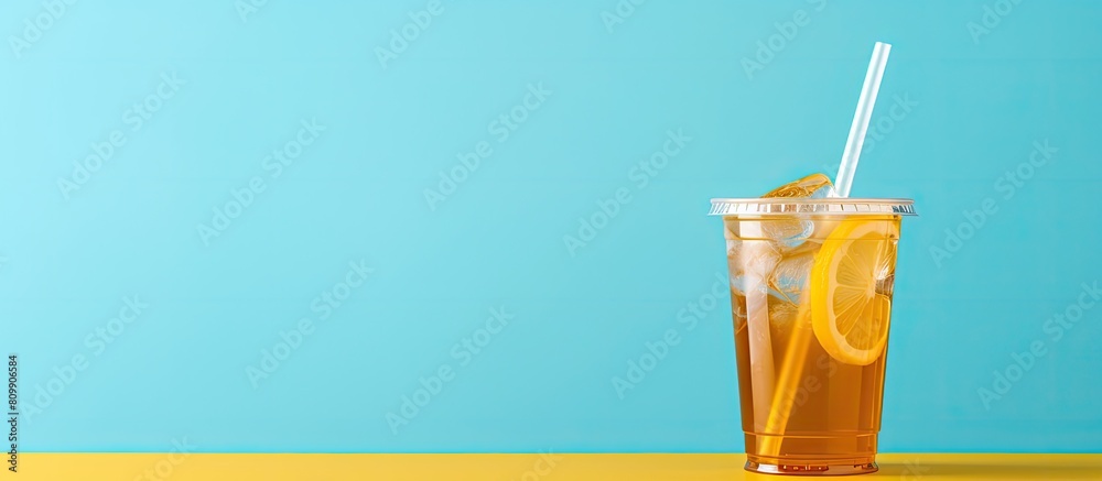 Poster a close up shot of a refreshing ice lemon tea in a clear plastic cup complemented by a pastel yellow