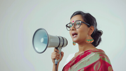 Obraz premium Indian woman in a sari holding a megaphone announces what she wants to say. 
