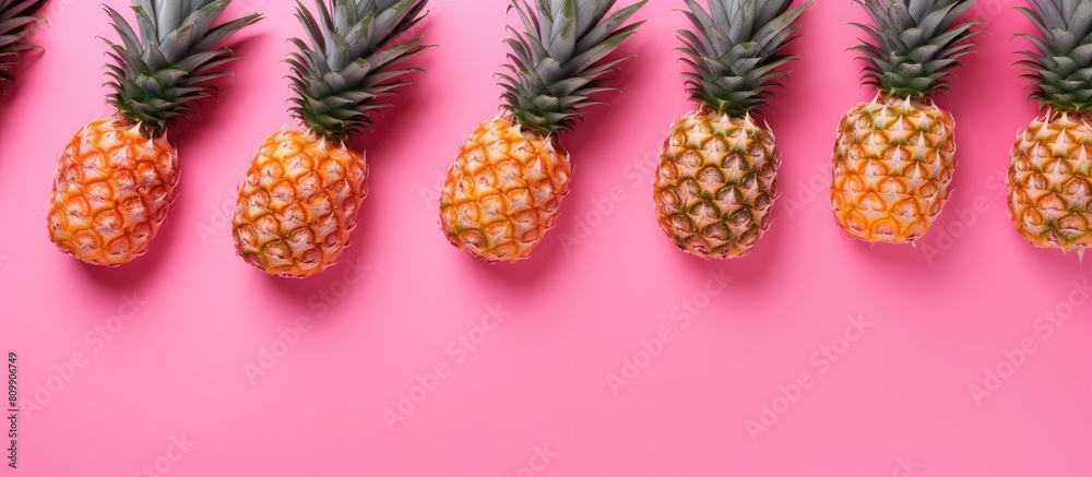 Poster A flat lay top view shows a pattern of sliced pineapples on a pink background in the copy space image