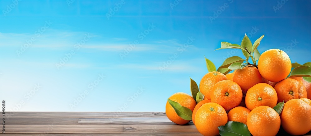 Aufkleber The vibrant orange fruits are displayed on a rustic wooden table creating a captivating contrast against the serene blue backdrop in the copy space image