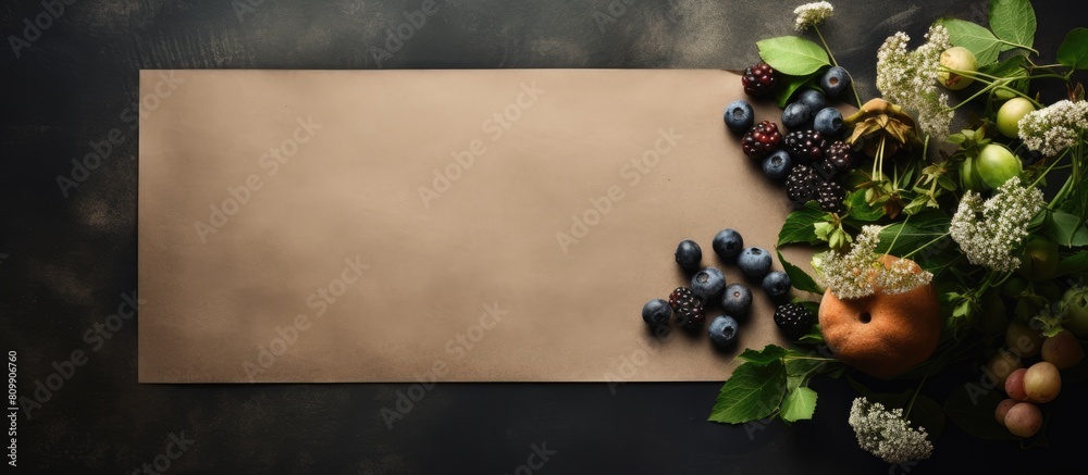 Poster A dark stone table with a sheet of brown paper for writing green gooseberries and blueberries a bouquet of field daisies and scissors create a background for creativity in this top view copy space im