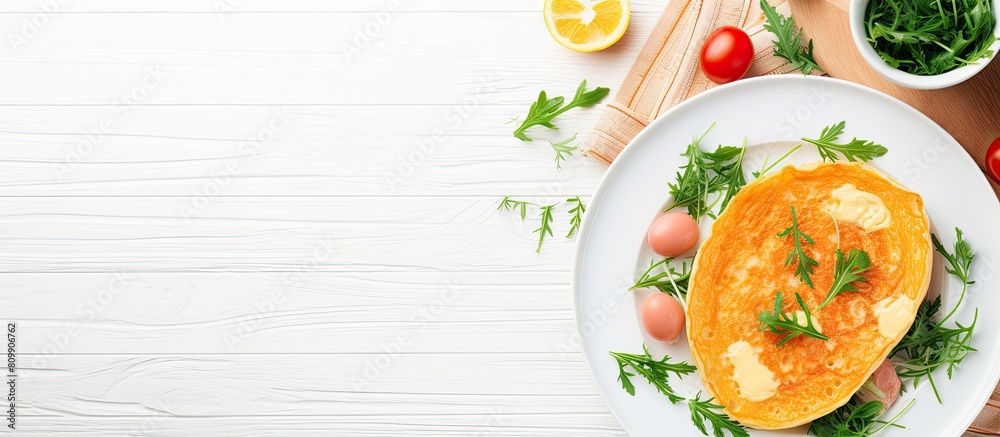 Aufkleber a top view of a white plate with a breakfast spread includes an omelette filled with radish and gree