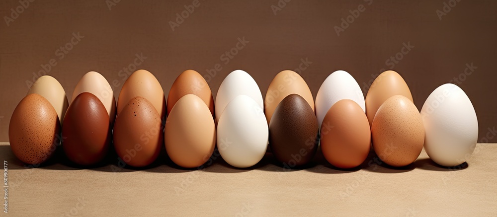 Poster Multiple light brown and dark brown eggs are arranged on paper panels with several laying hens positioned closely together in the copy space image