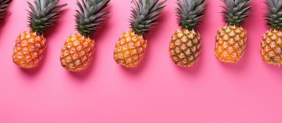 A flat lay top view shows a pattern of sliced pineapples on a pink background in the copy space image