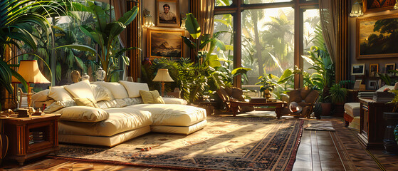 Vintage Styled Living Room with Retro Sofa and Classic Decor, Comfortable and Elegant Interior, Stylish Home Design