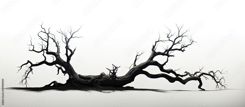 Poster An eerie silhouette of a dead tree stands alone on a white background creating a haunting and ominous image The copy space adds to the macabre ambiance