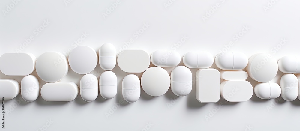 Poster Copy space image of medication rounded white tablets and small bottles arranged in an expanded rectangular elongated format on a light background