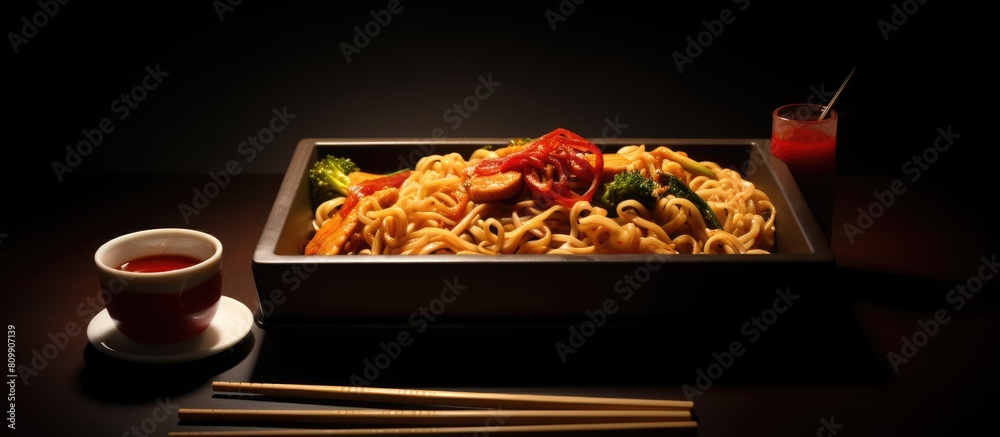 Poster Noodles in a box served with food sticks and sauces allowing for a visually appealing copy space image