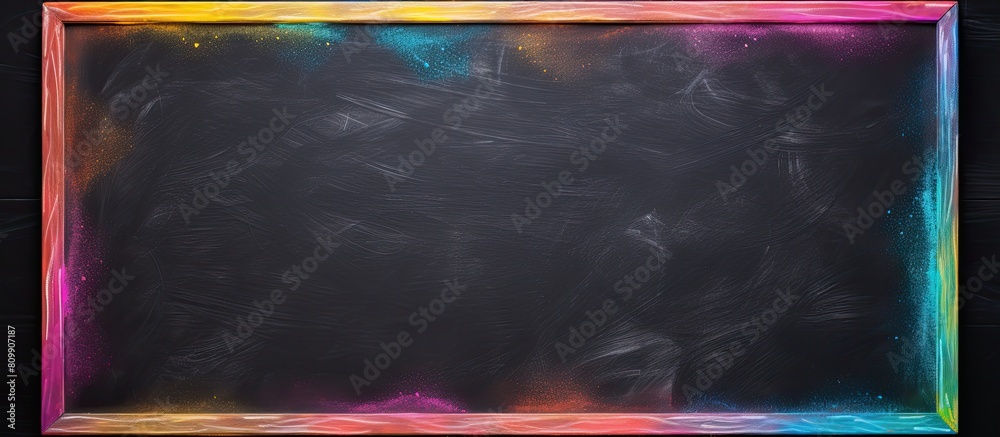 Poster Top view of a frame composed of vibrant chalk colors on a blackboard with an empty area for an image or text copy space image