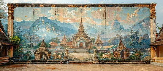 Vibrant Mural Masterpiece Adorns Ornate Thai Buddhist Temple Amidst Scenic Landscape