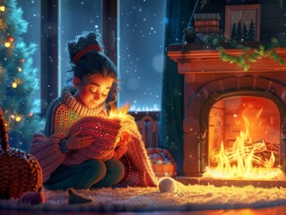 girl is sitting by the fireplace on a snowy night. She is wearing a sweater and holding a cup of hot chocolate. There is a Christmas tree in the background.