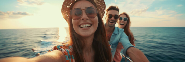 Happy smiling young people taking selfie against sea background, beach holiday with friends, banner