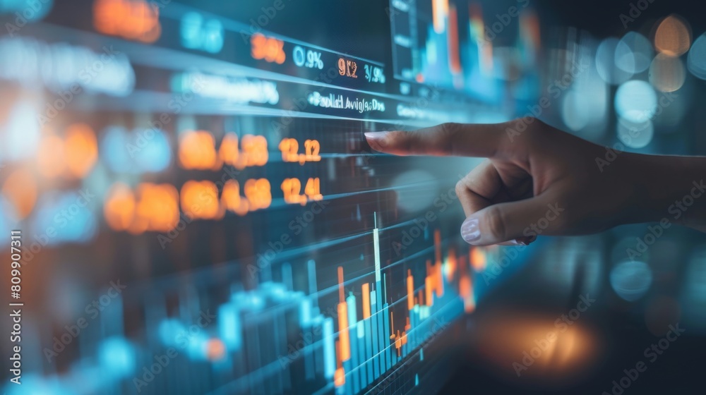 Poster A hand pointing to a specific point on a stock market graph during a presentation, emphasizing key trends and investment opportunities.
