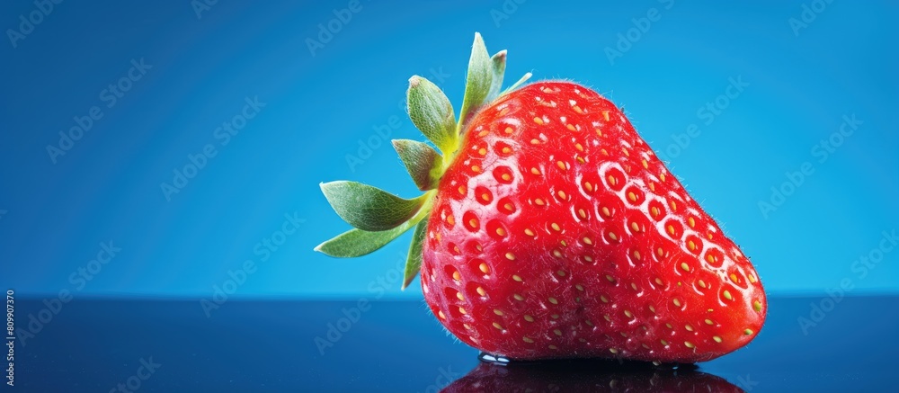 Wall mural A vibrant and artistic concept showcasing the goodness of fresh fruits and vegetables An isolated closeup studio image of a red strawberry against a blue background Copy space image - Wall murals