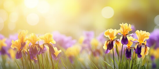 A beautiful blend of yellow and purple iris flowers set against a blurred sunny nature backdrop offering a copy space image for text as a mock up template