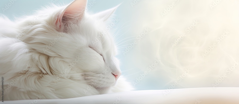 Poster A white cat with its eyes closed is featured in a copy space image surrounded by a soft white vignette