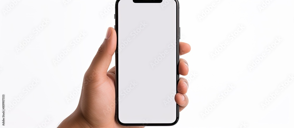 Aufkleber a young man s hand holding a smartphone with a blank screen creating a copy space image against a wh