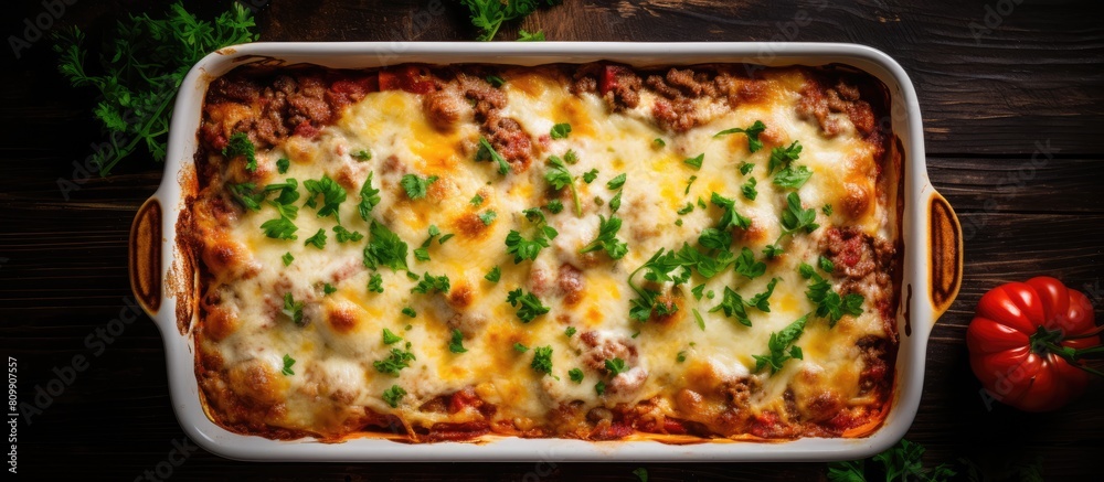 Aufkleber top view of a delicious traditional italian lasagna with a mix of savory vegetables minced meat and 
