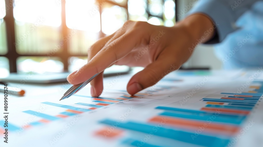 Poster a hand pointing to a specific point on a stock market graph during a presentation, emphasizing key t