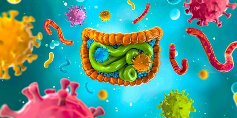 Vibrant illustration of the human digestive system in green, surrounded by colorful microbes, perfect for educational and scientific visual content.