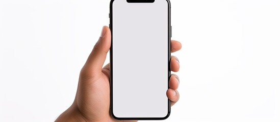 A young man s hand holding a smartphone with a blank screen creating a copy space image against a white background - Powered by Adobe