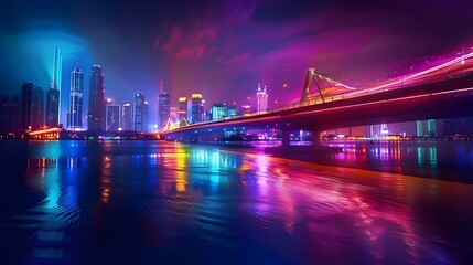 A neon-lit bridge leading toward a bustling city, illuminating the skyline and casting vibrant colors on the river.