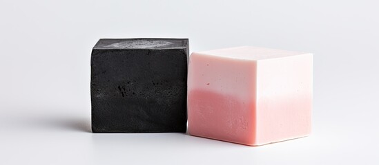 Fototapeta premium Copy space image of a white background featuring a two piece set consisting of black charcoal and pink tanaka natural oil soap