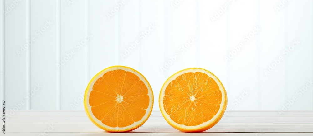 Poster the cut halves of two oranges are positioned on a white wooden table leaving empty space for an imag