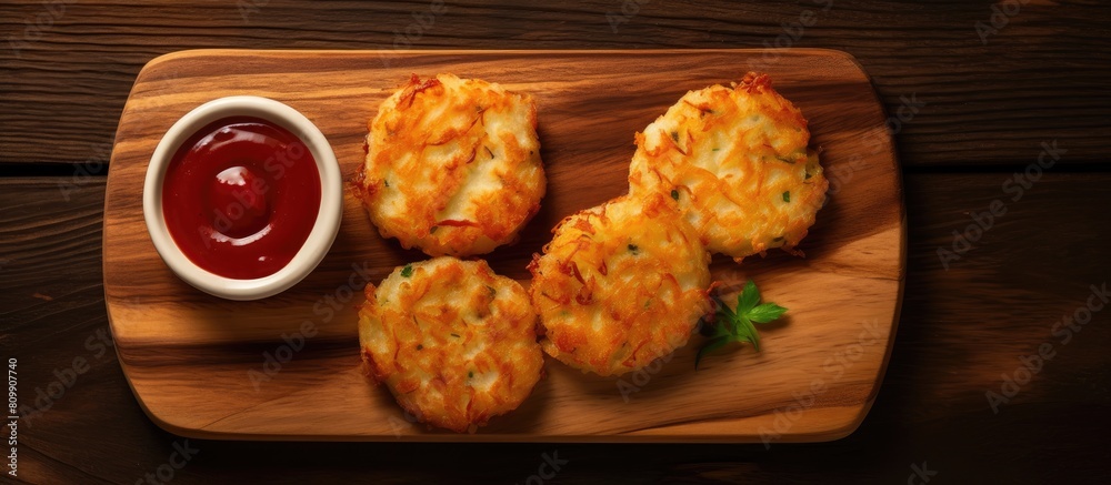 Poster top view of hash brown potato patties with ketchup on a wooden board the wooden background complemen