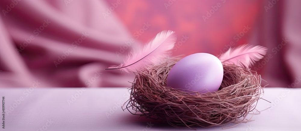 Fototapete A brightly colored Easter egg rests in a cozy nest on top of a delicate pink table offering plenty of blank space for additional images or text