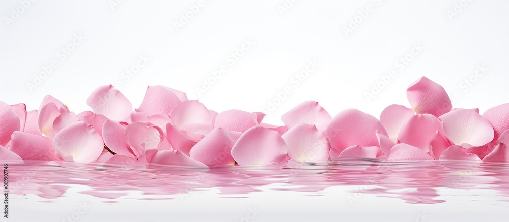 Poster image of pink rose petals gracefully floating in the air against a pristine white backdrop with ampl