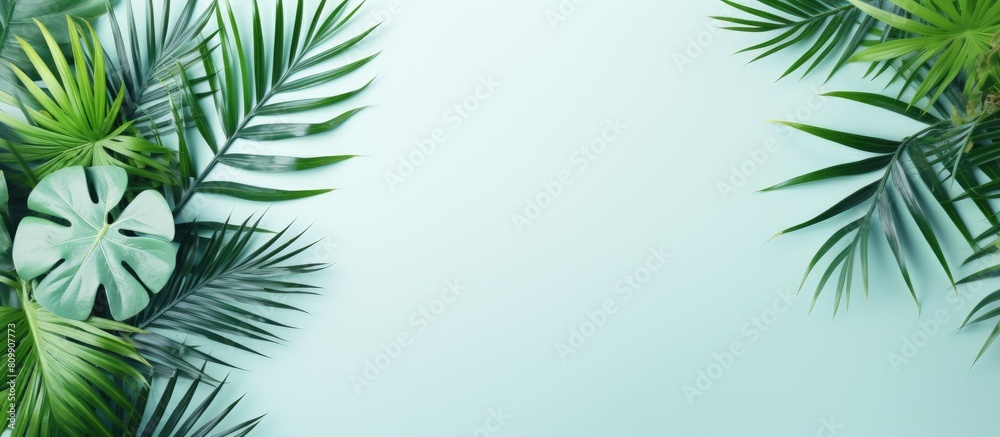 Leinwandbilder the top view of a tropical frame with green palm trees monstera leaves and branches on a neo mint ba