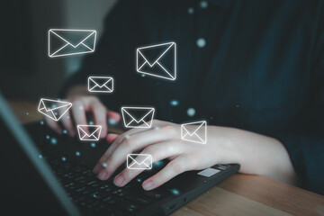 E-mail spam or email marketing concept, Communication connection message in the workplace. Woman...