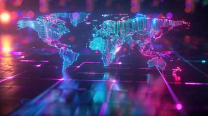 Digital representation of the world map in neon blue and pink lights, illustrating global connectivity and data networks. Ideal for themes of globalization, communication, digital world interaction.